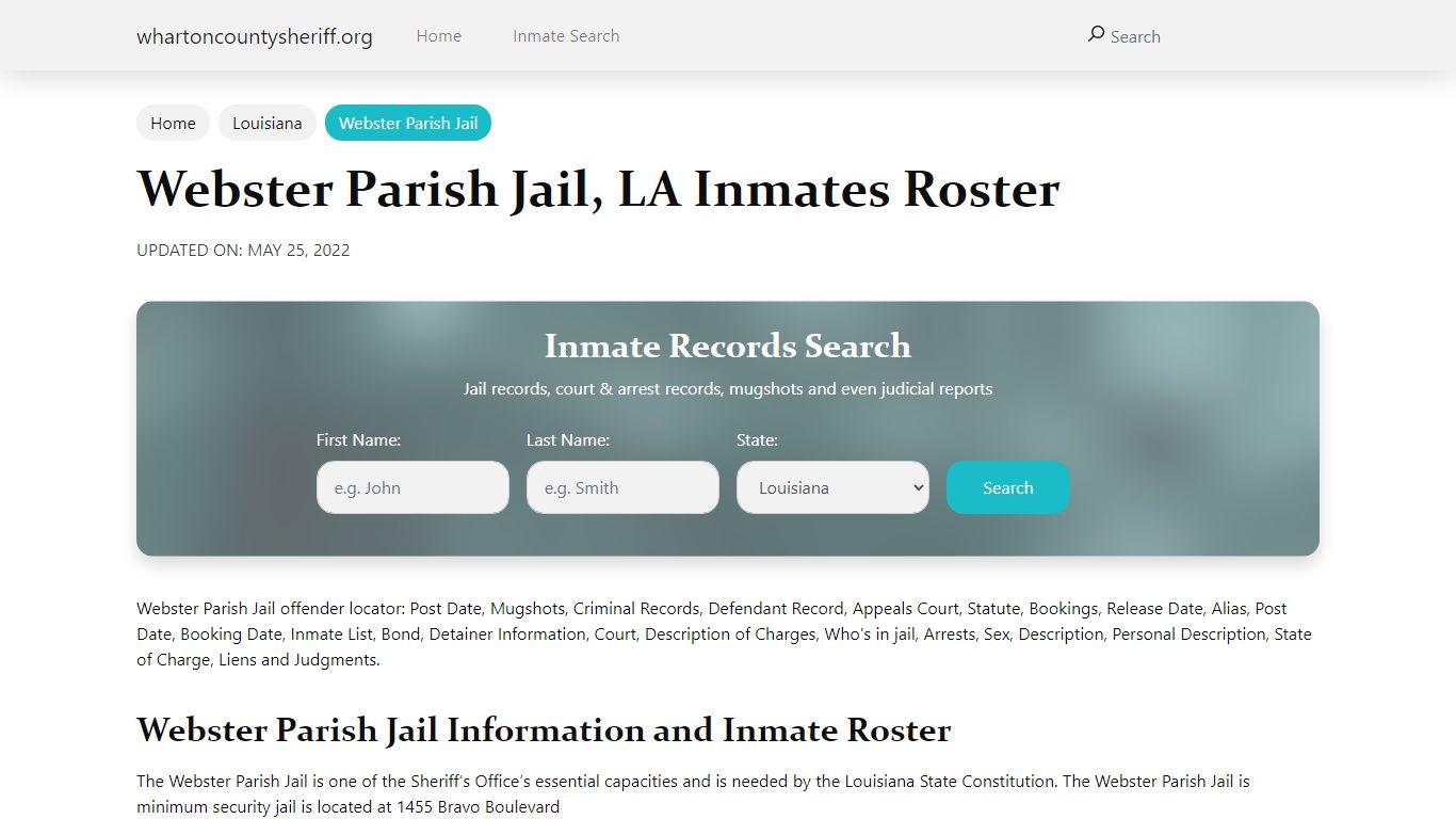 Webster Parish Jail, LA Jail Roster, Name Search