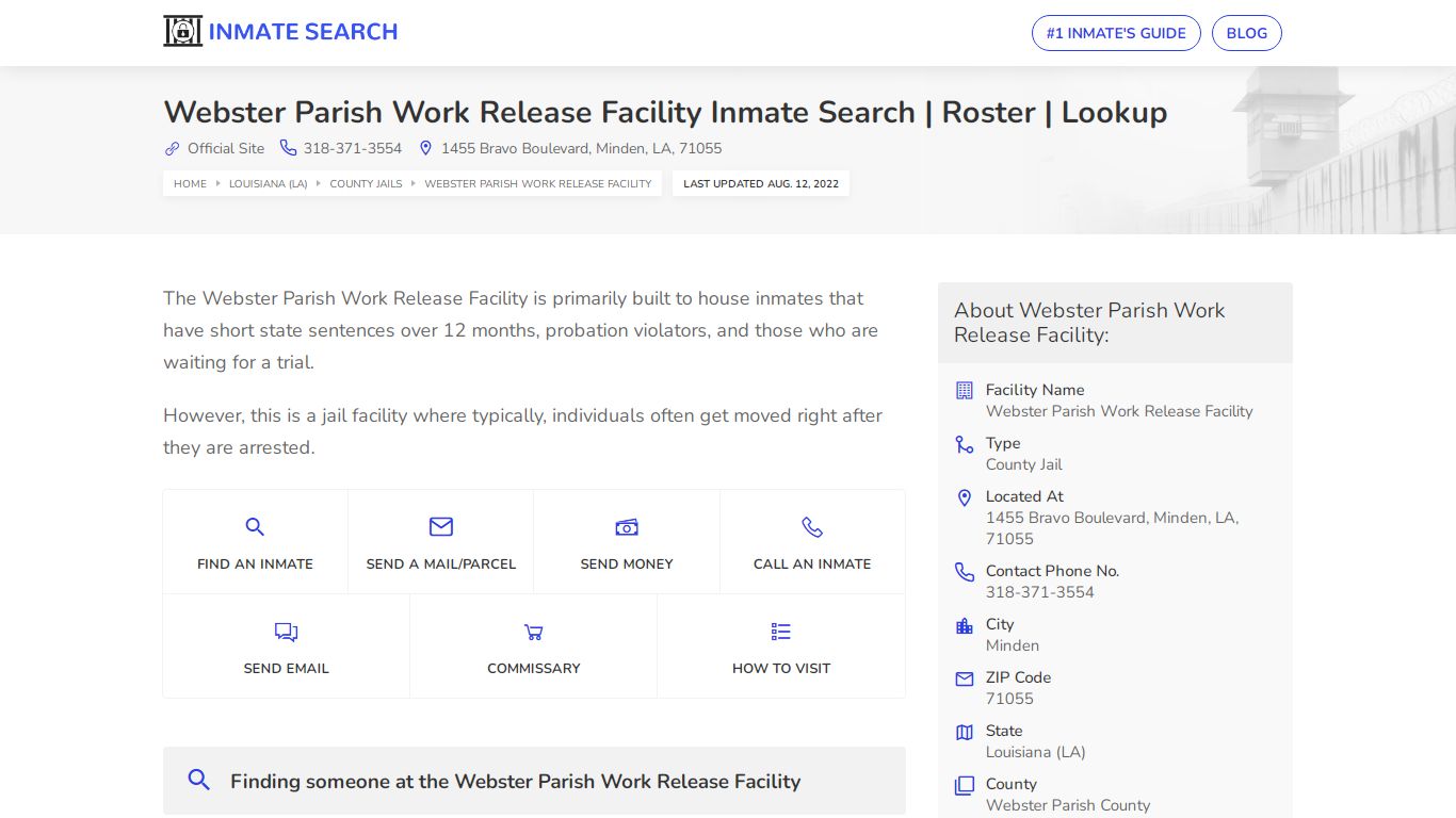 Webster Parish Work Release Facility Inmate Search ...